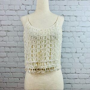Vintage 80s Bonnie Strauss Lace Chemise Top Ivory Crochet Overlay Cropped Length